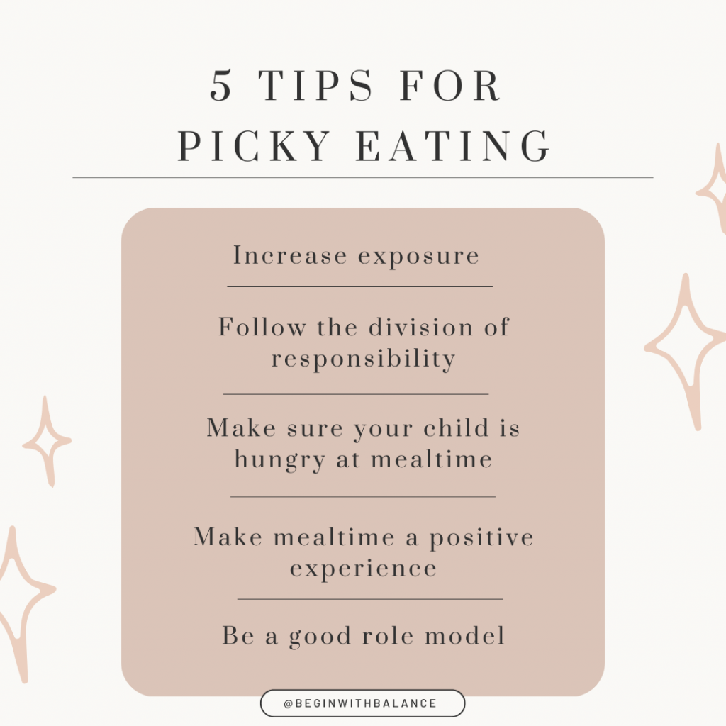 A graphic with text showing five tips for picky eaters: increase exposure, follow the division of responsibility, make sure your child is hungry at mealtime, make mealtime a positive experience, be a good role model.