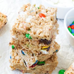 Stack of brown butter M&M rice krispies