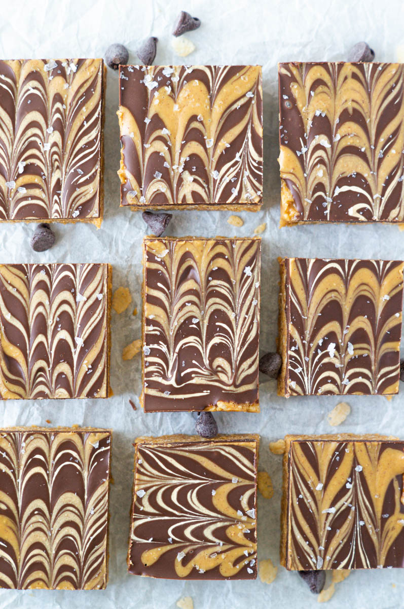 Rows of peanut butter chocolate rice krispies