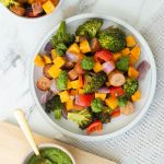 Plate of Pesto Chicken Sausage and Veggie Sheet Pan