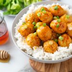 Bowl of rice with buffalo turkey meatballs