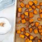 Pan of roasted sweet potatoes.