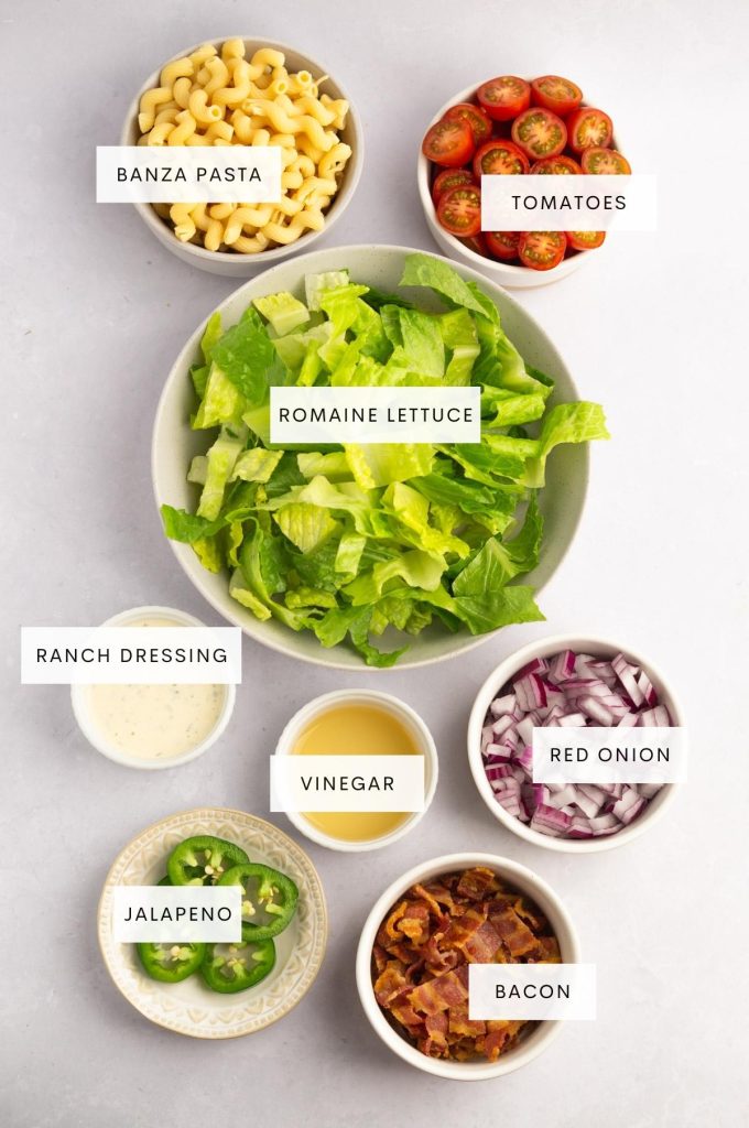 Ingredients needed for BLT Banza Pasta Salad
