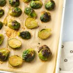 Baking sheet of honey Sriracha brussels sprouts
