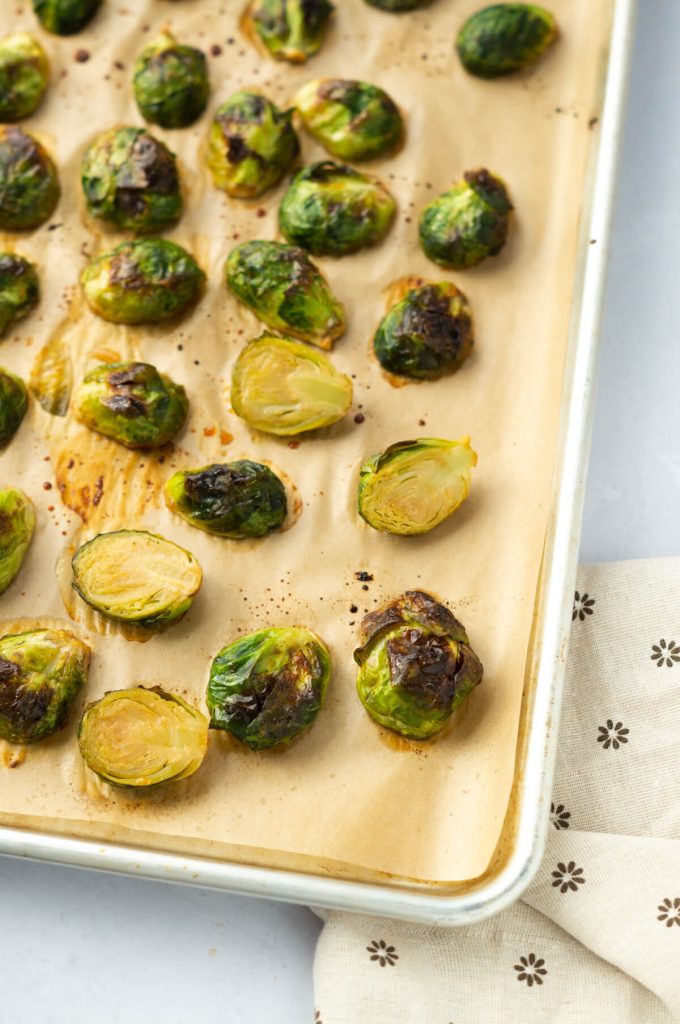 Baking sheet of honey Sriracha brussels sprouts