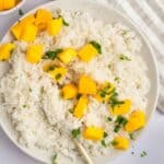 An overhead shot of a large bowl of coconut jasmine rice with diced mango and chopped cilantro.