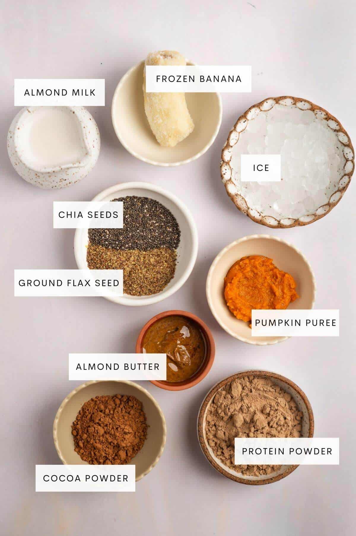 Ingredients needed for pumpkin protein shake: almond milk, frozen banana, ice, chia seeds, ground flax seed, pumpkin puree, almond butter, cocoa powder, protein powder.