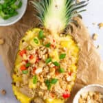 Pineapple fried rice in a pineapple bowl.