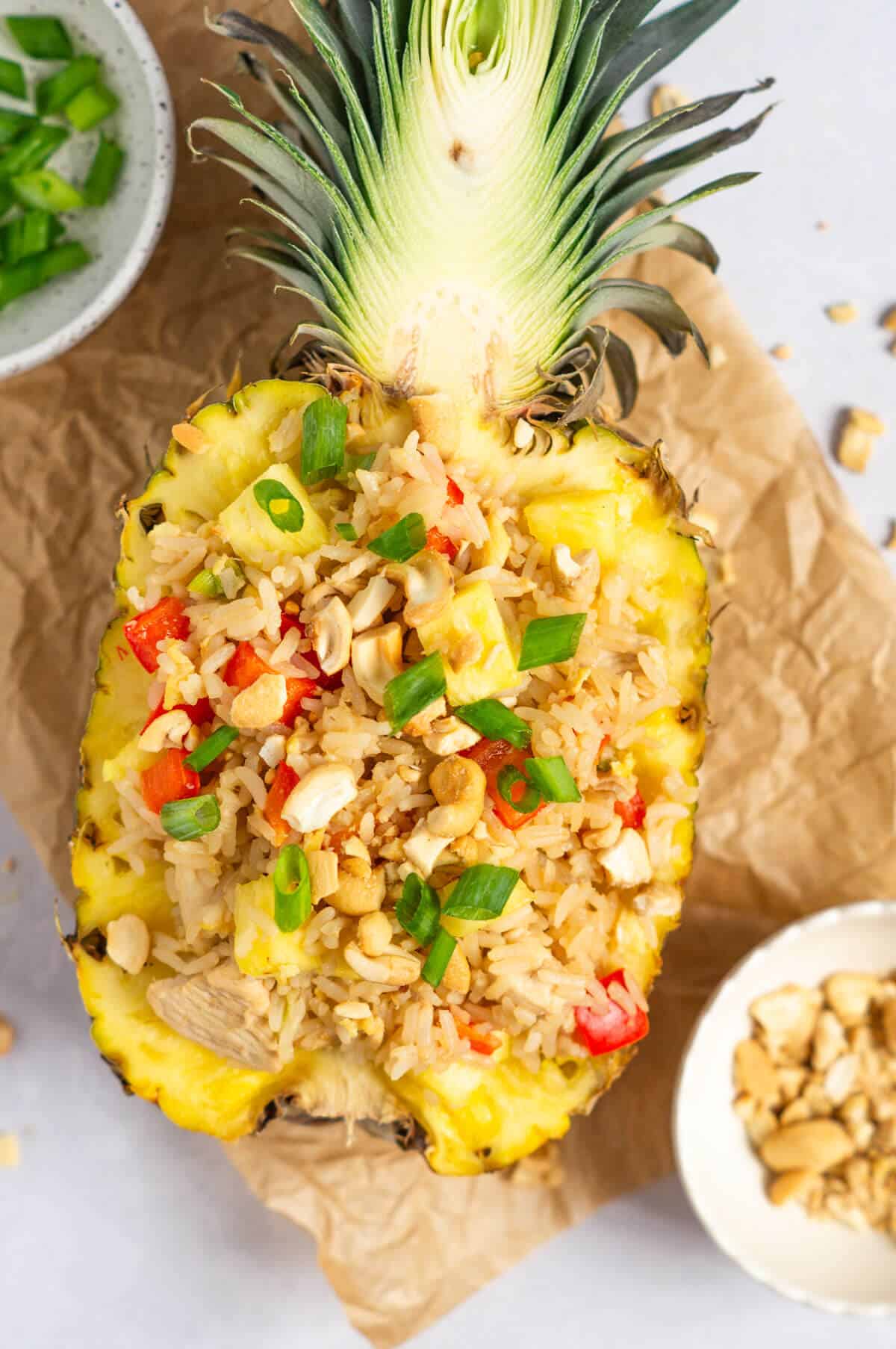 Pineapple fried rice in a pineapple bowl.