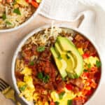 Overhead shot of breakfast burrito bowl.