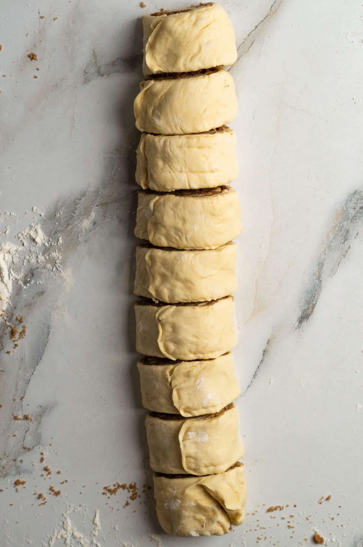 The rolled cinnamon roll dough cut into nine pieces.
