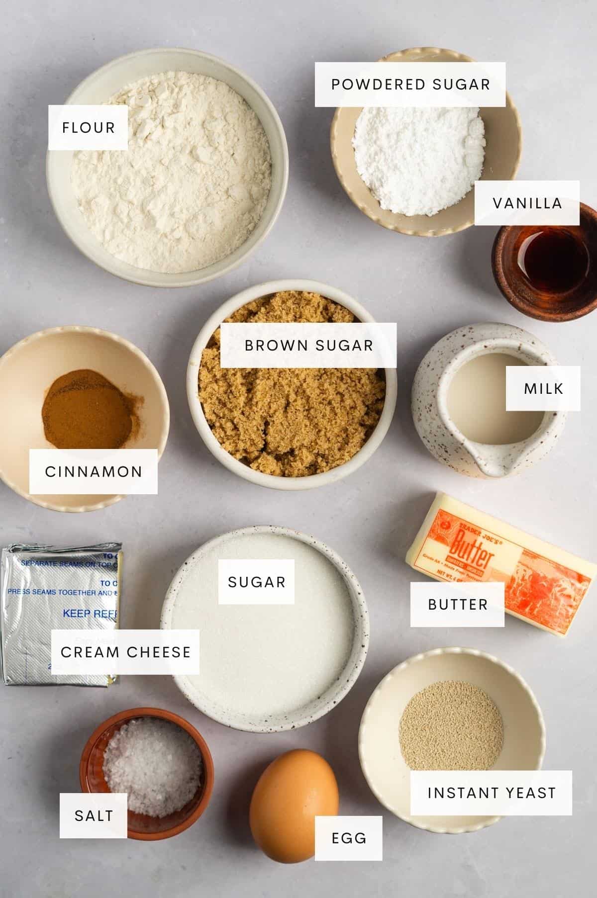 Ingredients needed for brown butter cinnamon rolls.