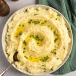 Large serving bowl of Greek yogurt mashed potatoes.