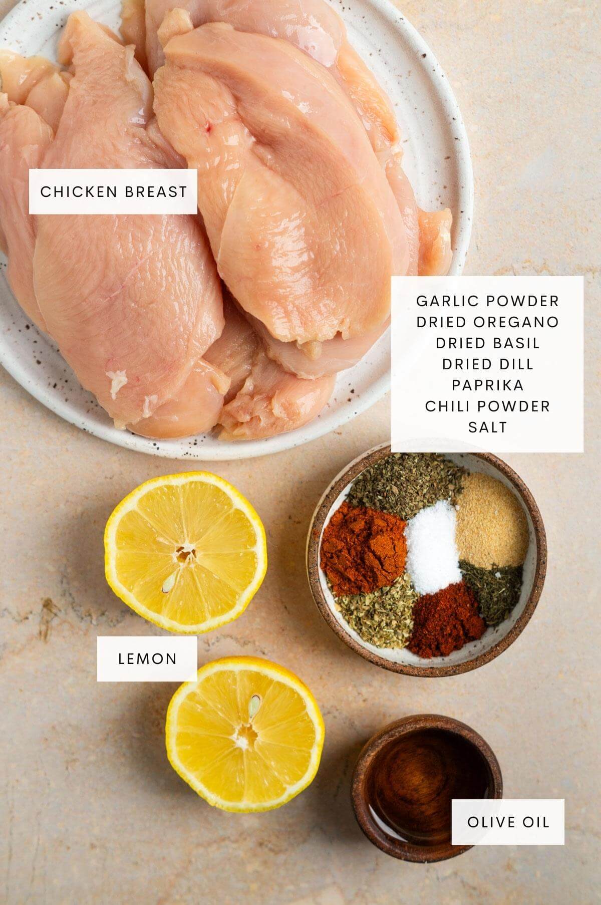 Ingredients needed for herb crusted chicken.