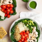 Overhead shot of chicken pesto parm bowl.