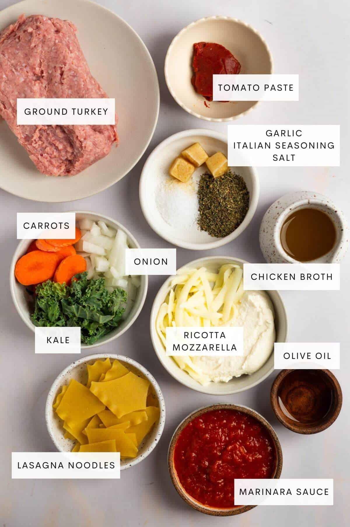 Ingredients needed for turkey lasagna soup.