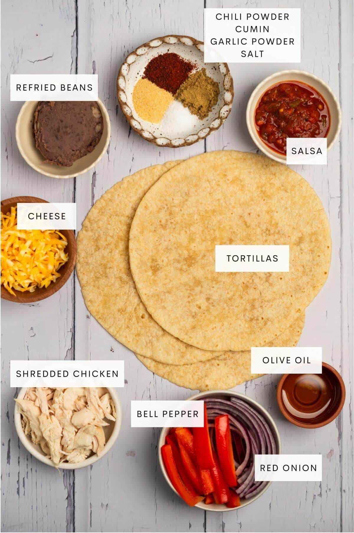 Ingredients needed for chicken fajitas wraps.