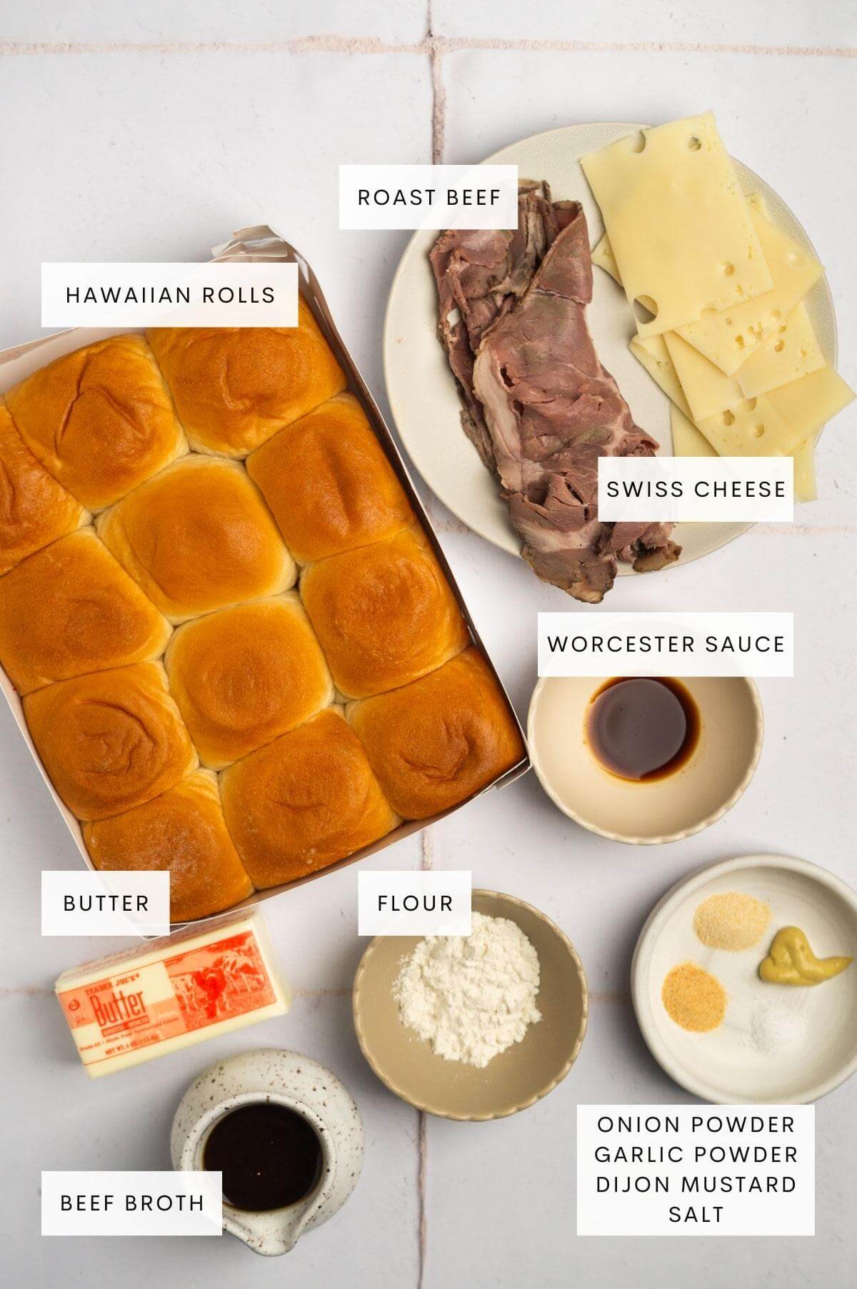 Ingredients needed for Hawaiian roll roast beef sliders.