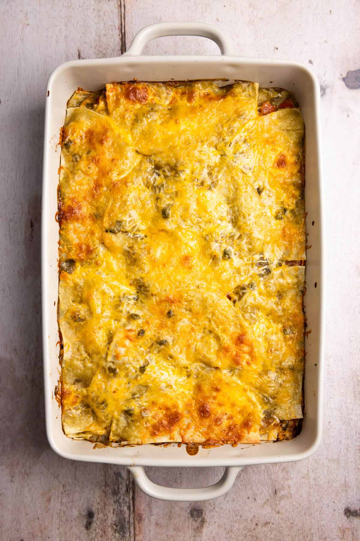 Lazy enchiladas baked in a 9x13 pan.
