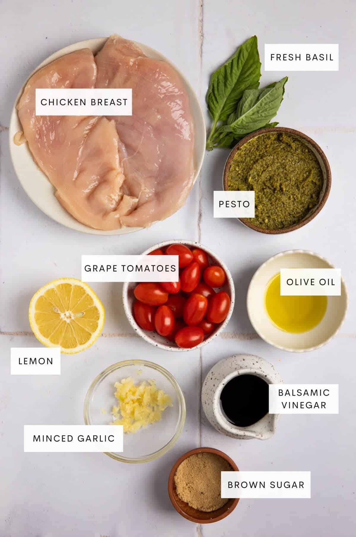 Ingredients needed for the pesto bruschetta chicken recipe.