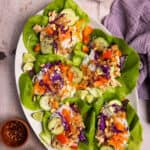 An oval platter with five rotisserie chicken lettuce wraps with a side of peanut sauce.