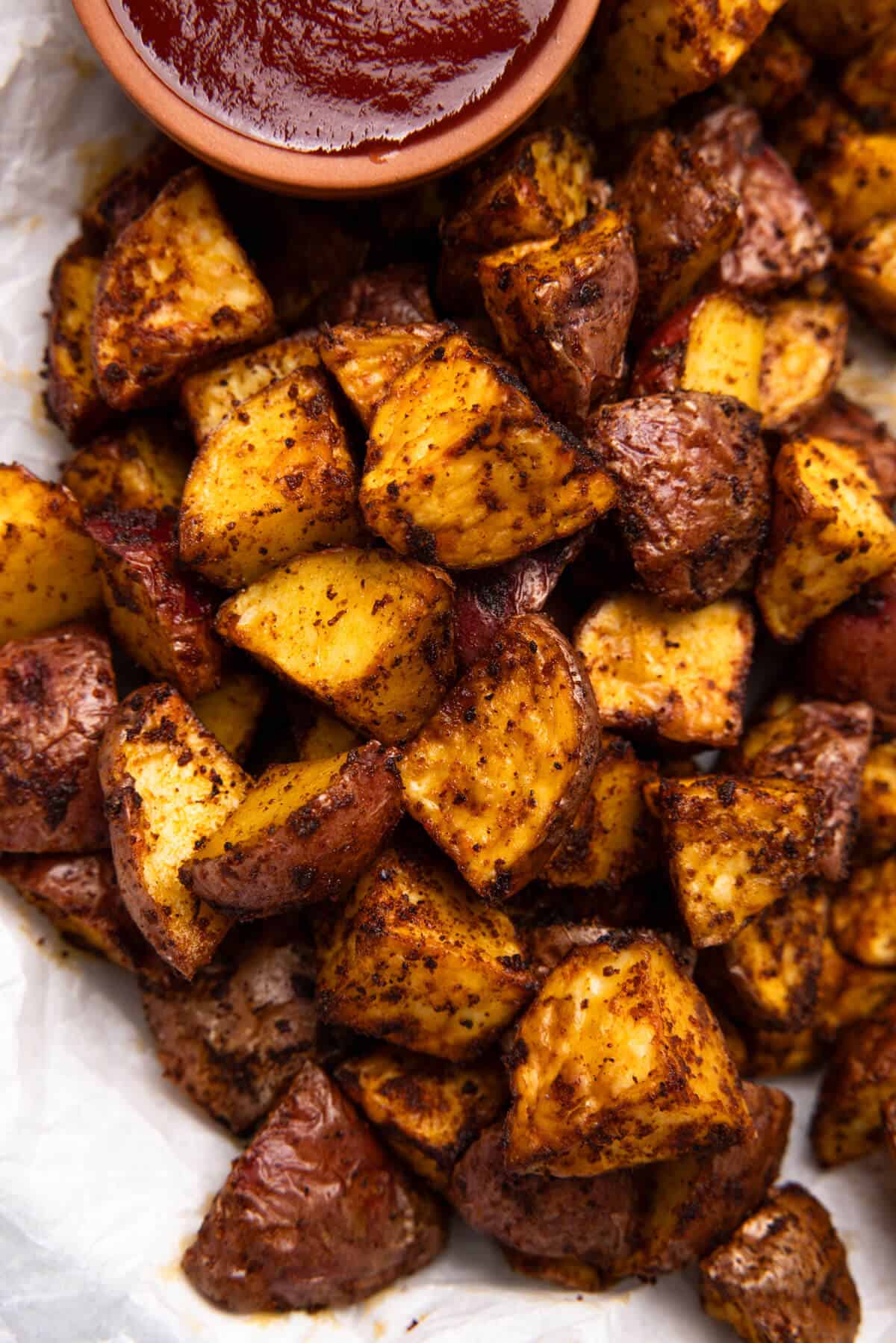 An up close shot of crispy air fryer red potatoes.