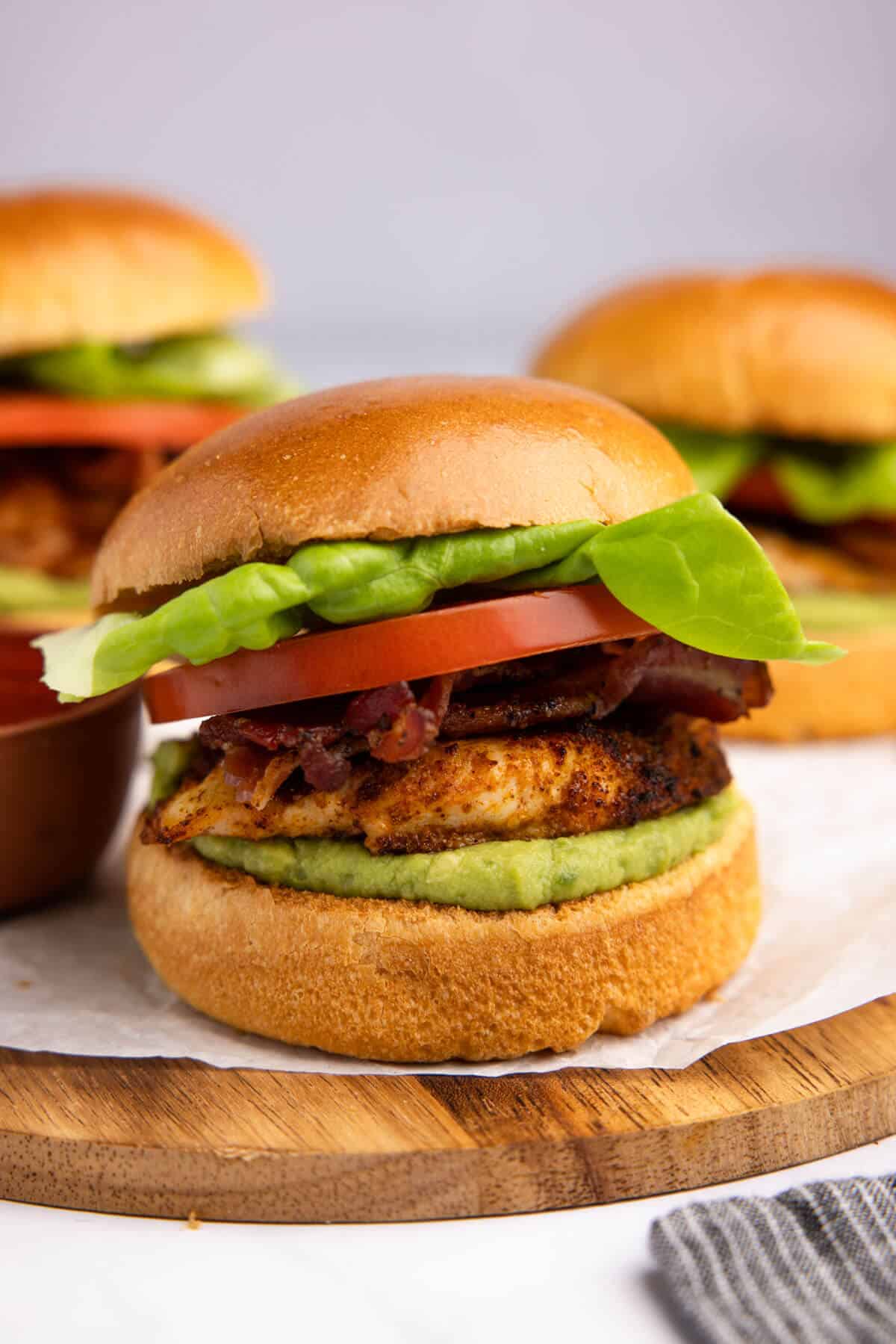 Front-facing shot of a blackened chicken sandwich.