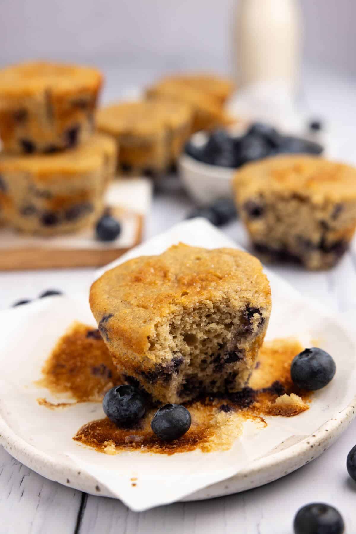 A plate with a blueberry protein muffin.