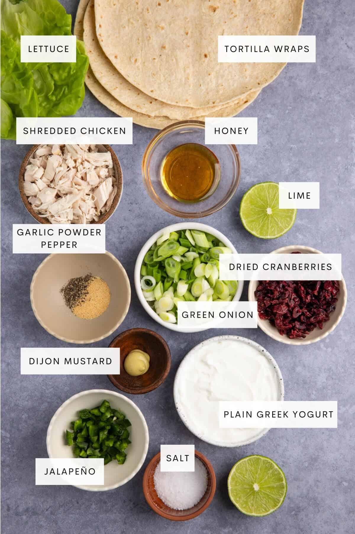 Ingredients needed for chicken salad wraps.