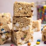 Stack of M&M Rice Krispie Treats.
