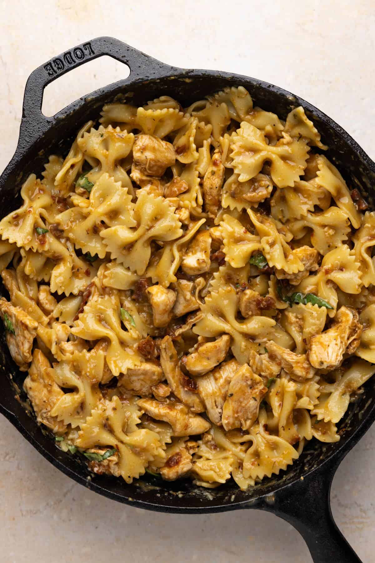 Large pan of marry me chicken pasta.
