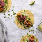 Three air fryer shrimp tacos.