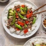 An overhead shot of teriyaki beef bowls.