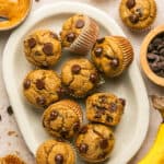 Platter of banana peanut butter chocolate chip muffins.