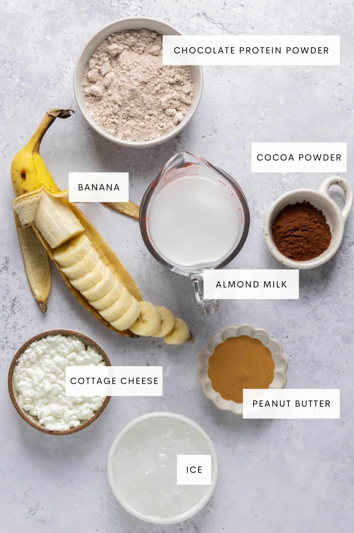 Ingredients needed for peanut butter cup smoothie.