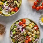 Two assembled burger bowls.