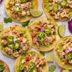 An overhead shot of six chicken salad tostadas.