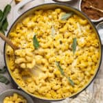Overhead shot of butternut squash mac and cheese in a large skillet.