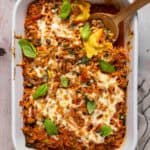 An overhead shot of baked ravioli casserole.