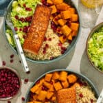 Overhead shot of a styled salmon quinoa bowl.