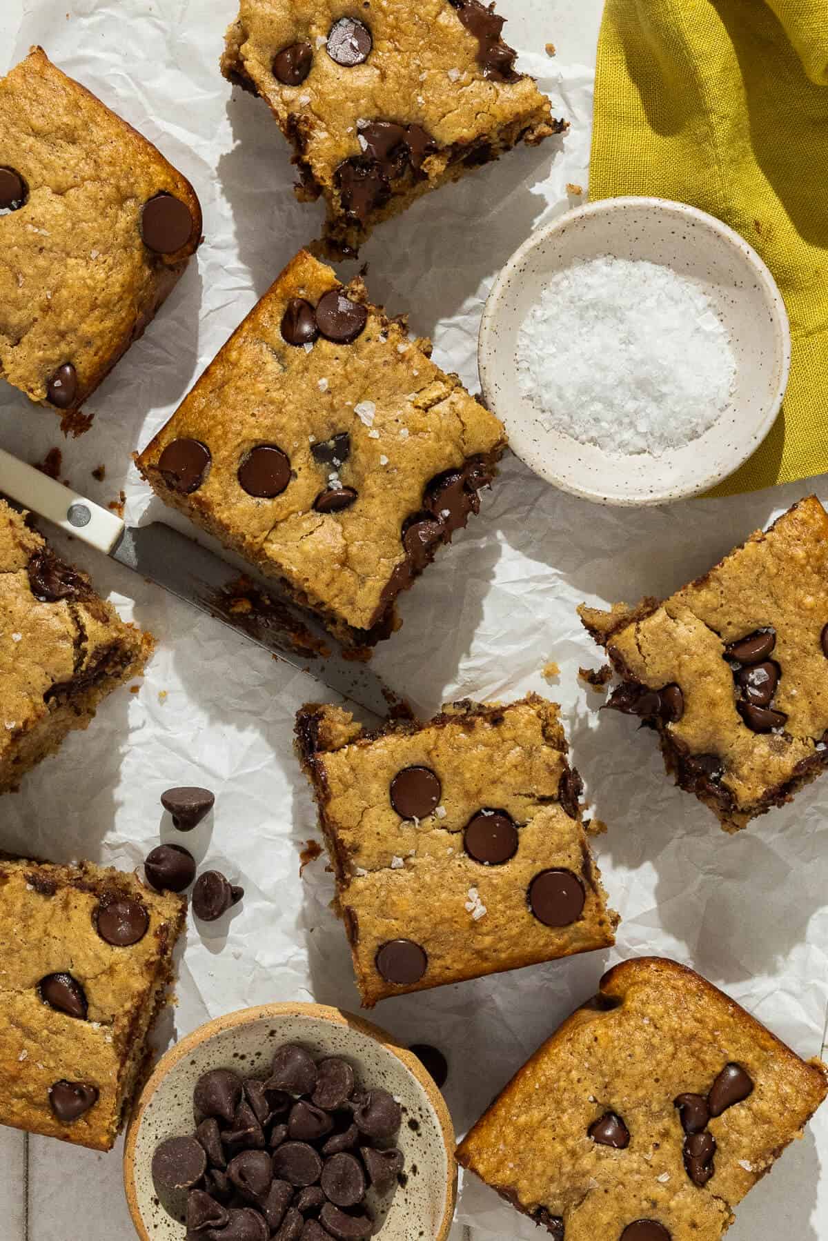 Banana peanut butter bars cut into squares.