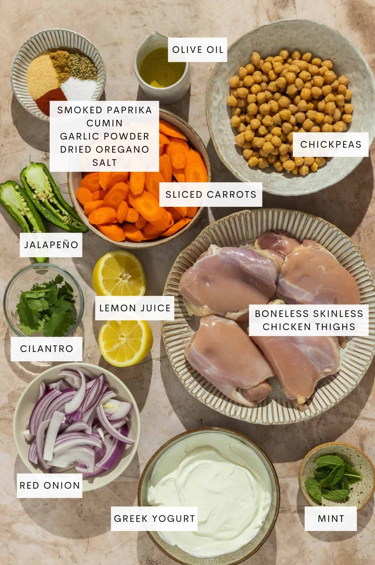 Ingredient shot for sheet pan chicken thigh dinner.