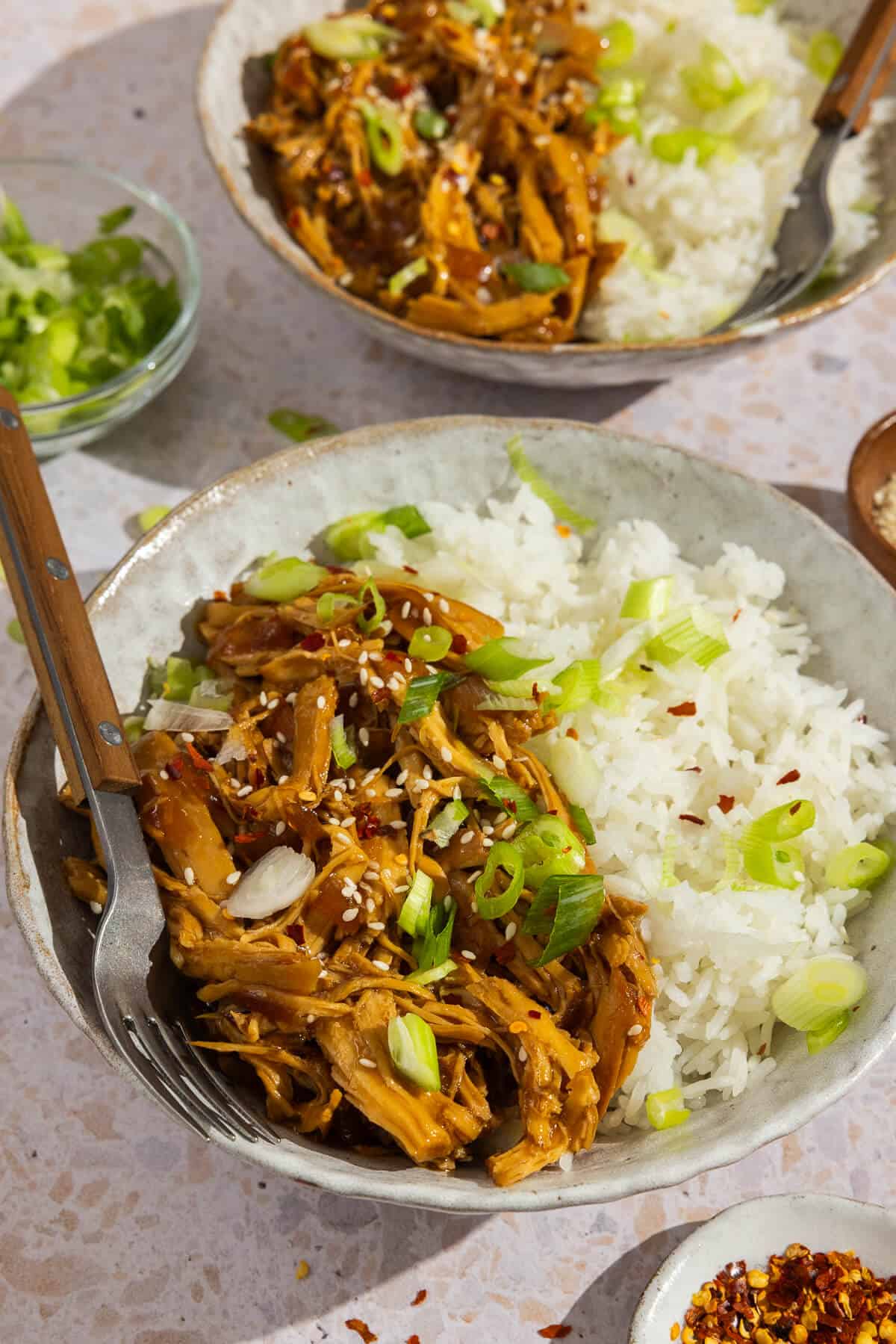 A bowl of honey sesame chicken with rice.
