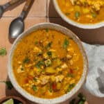 Two bowls of chicken corn chowder.