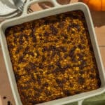 A square baking dish of the baked pumpkin baked oats.