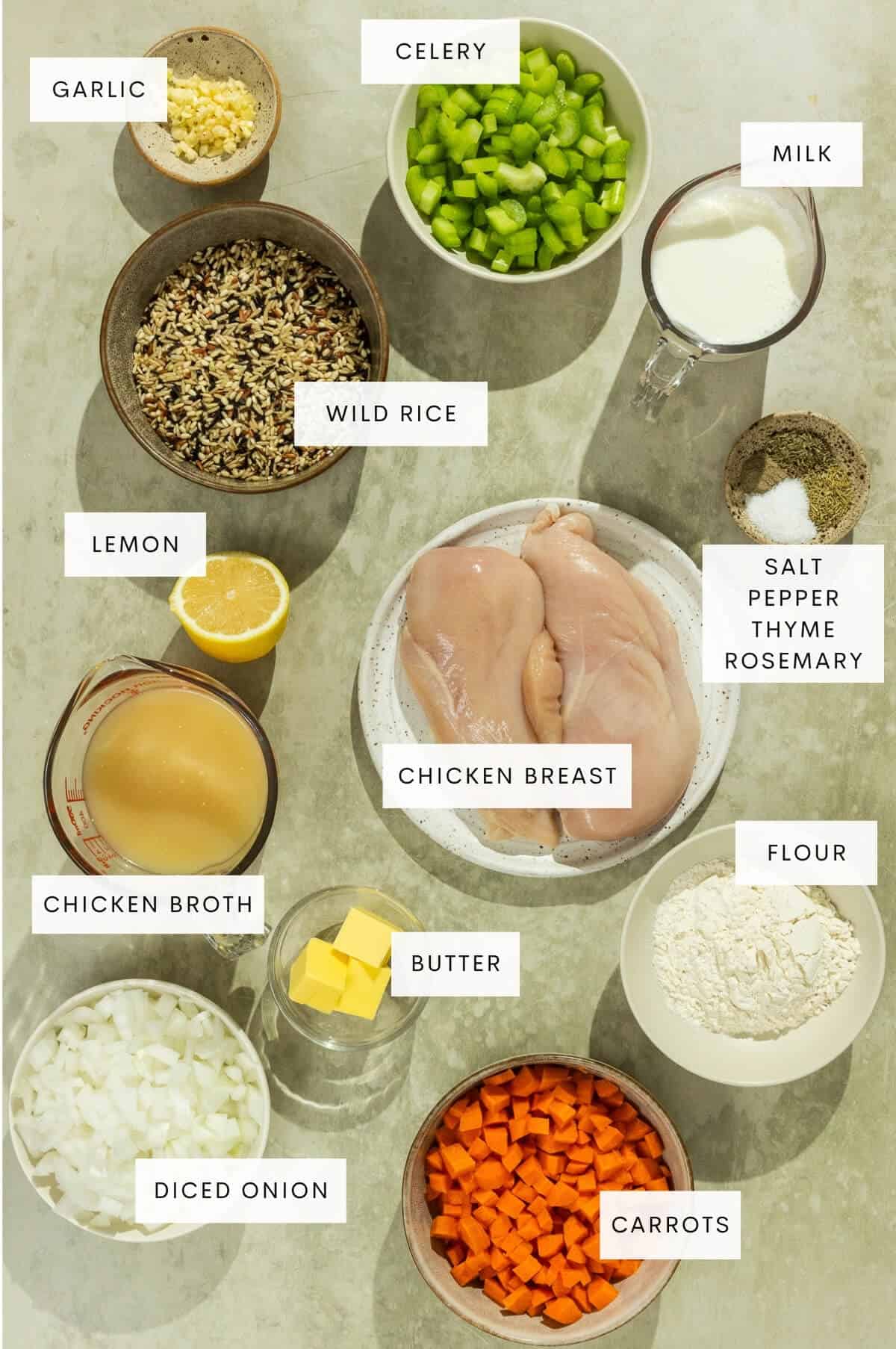 Ingredients for creamy chicken and wild rice soup.