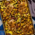 Mediterranean salmon and veggies sheet pan.