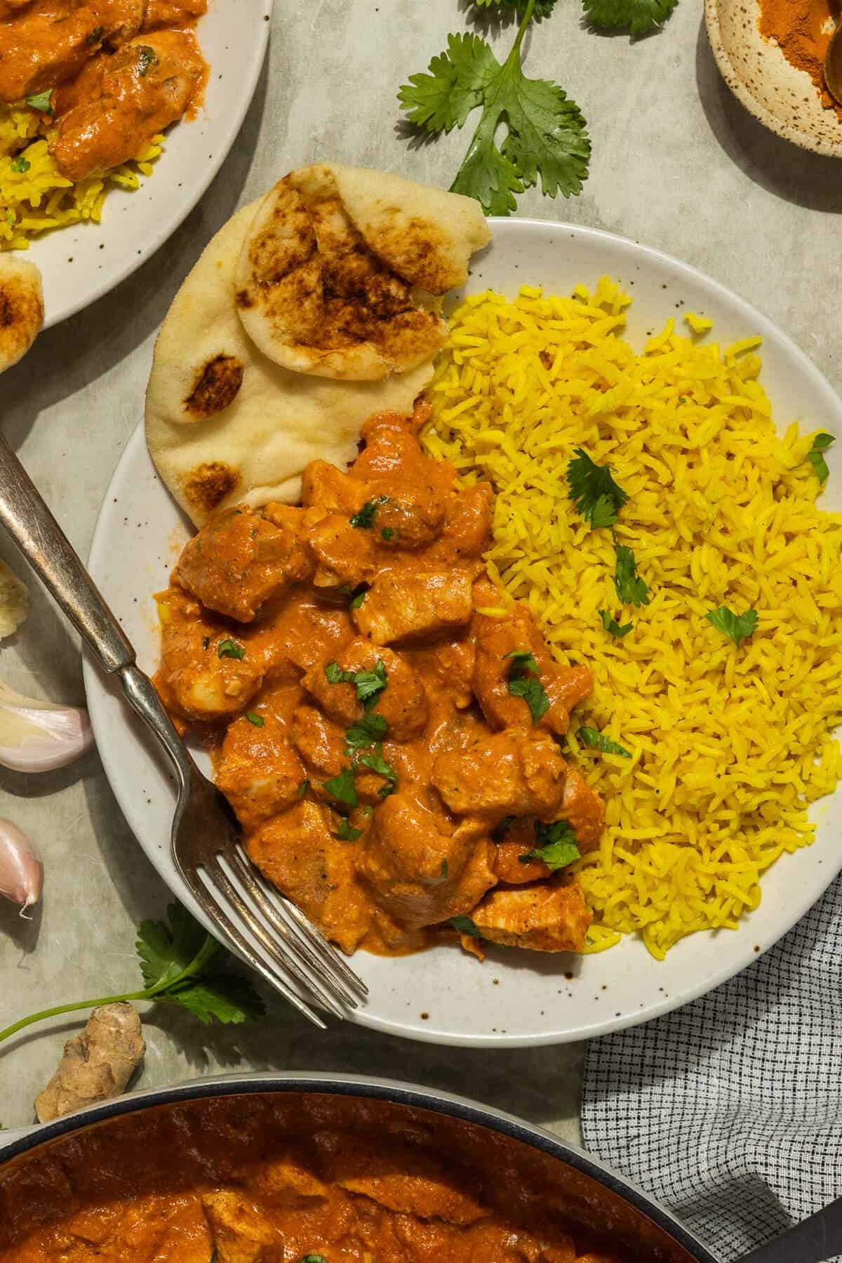 A white plate with butter chicken served with turmeric rice and naan.