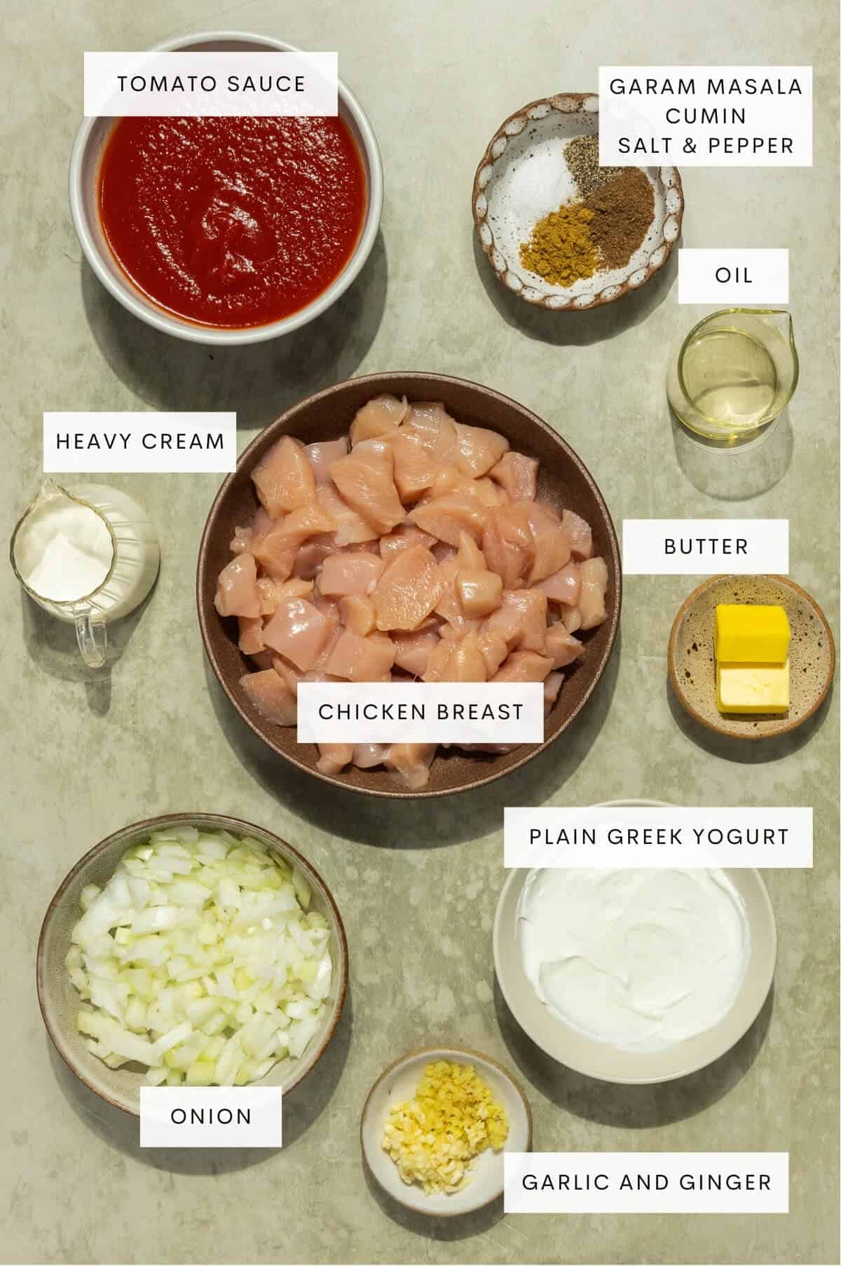 Ingredient shot for butter chicken skillet.