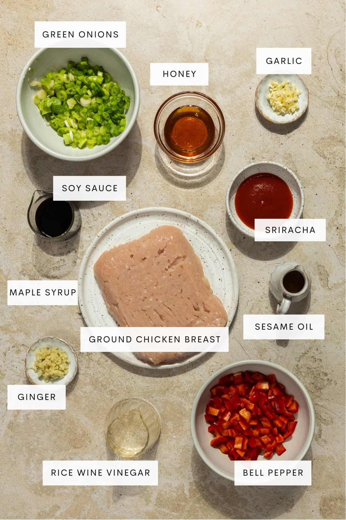 Ingredient shot for honey Sriracha chicken bowls.